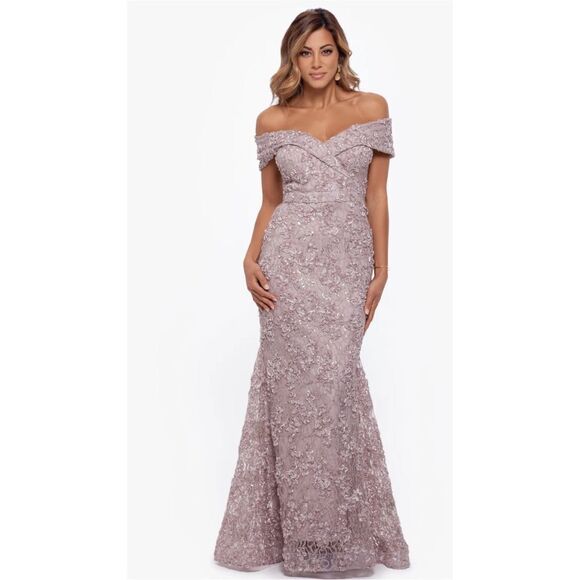 Xscape Dresses & Skirts - Xscape Off-Shoulder Lace Embellished Gown in Dusty Mauve